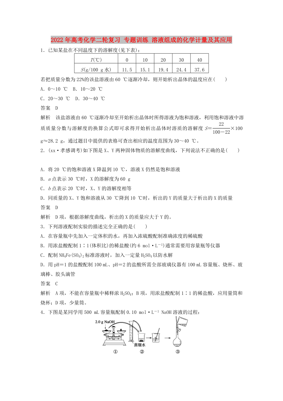 2022年高考化學二輪復習 專題訓練 溶液組成的化學計量及其應用_第1頁