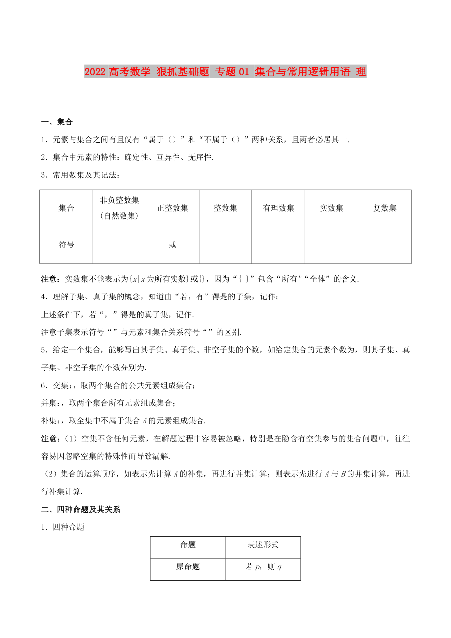 2022高考數(shù)學(xué) 狠抓基礎(chǔ)題 專題01 集合與常用邏輯用語(yǔ) 理_第1頁(yè)