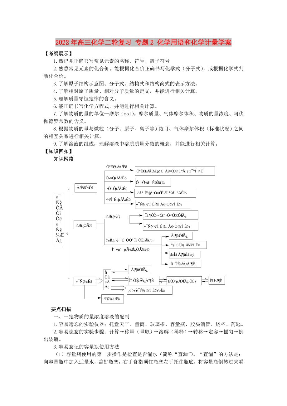 2022年高三化學(xué)二輪復(fù)習(xí) 專(zhuān)題2 化學(xué)用語(yǔ)和化學(xué)計(jì)量學(xué)案_第1頁(yè)