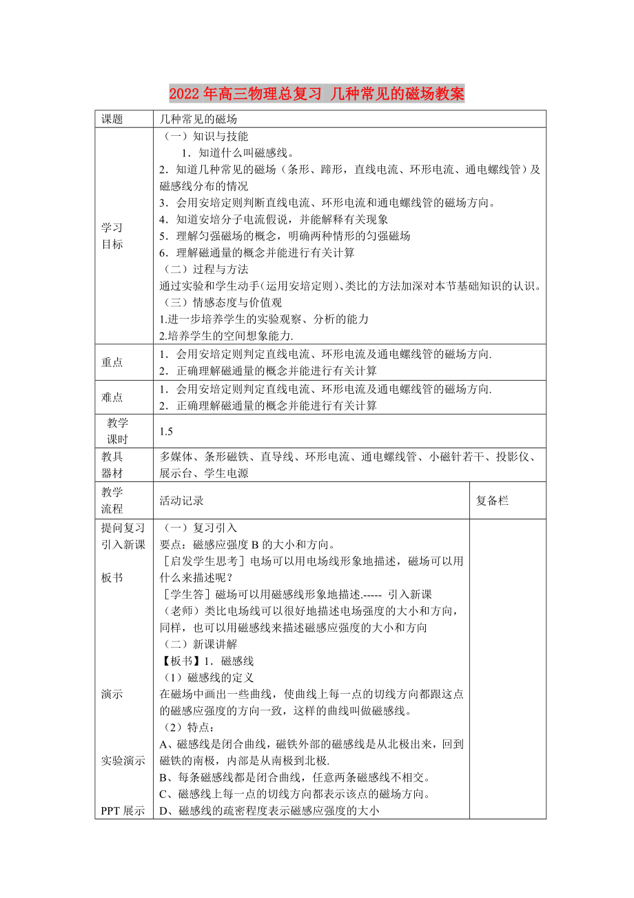 2022年高三物理總復(fù)習(xí) 幾種常見的磁場教案_第1頁