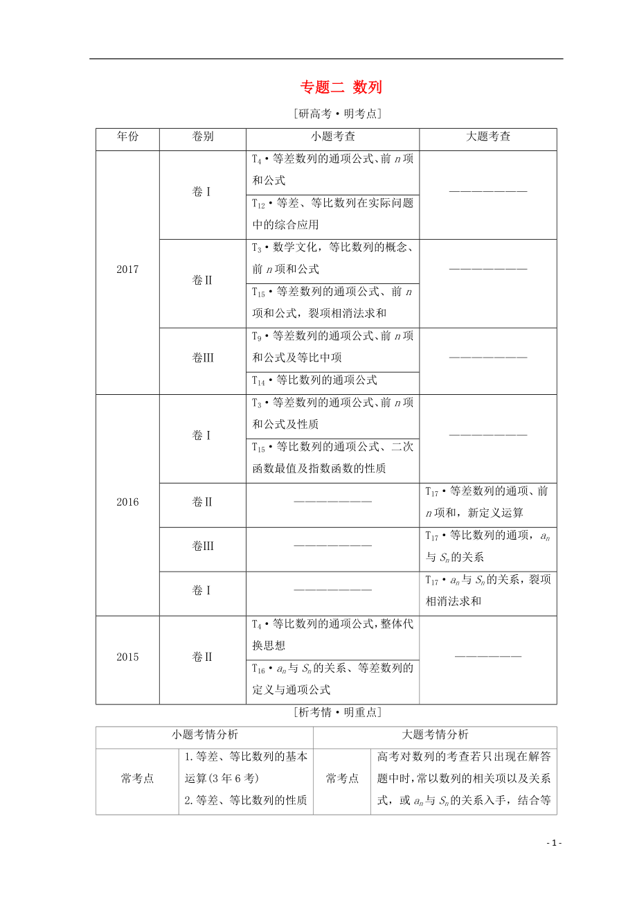 （通用版）2018年高考數(shù)學(xué)二輪復(fù)習(xí) 第一部分 專(zhuān)題二 數(shù)列教學(xué)案 理_第1頁(yè)