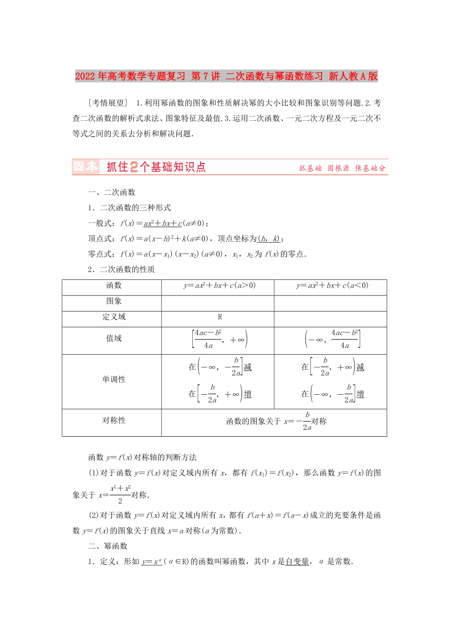 2022年高考數(shù)學專題復習 第7講 二次函數(shù)與冪函數(shù)練習 新人教A版_第1頁