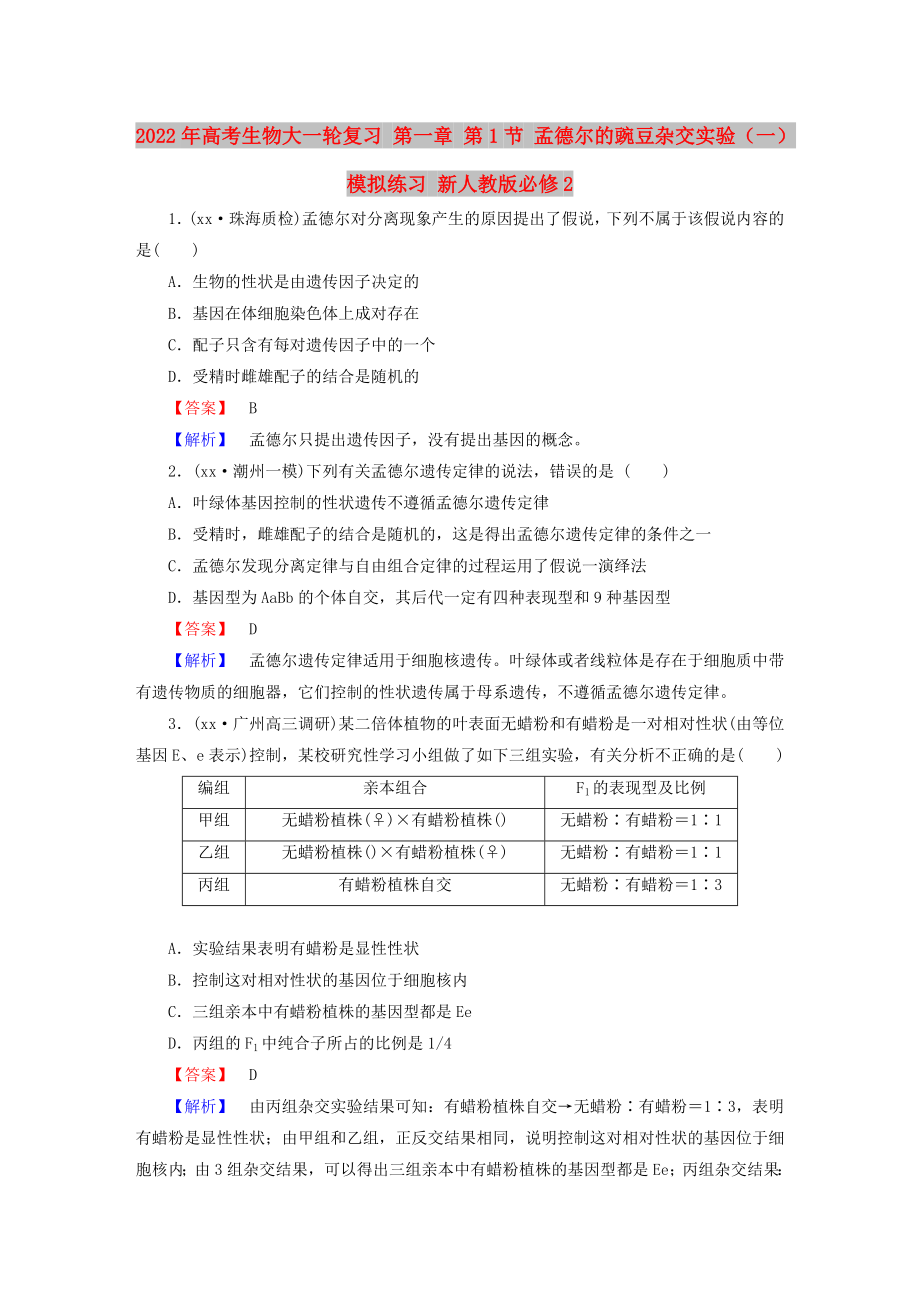 2022年高考生物大一輪復(fù)習(xí) 第一章 第1節(jié) 孟德爾的豌豆雜交實(shí)驗(yàn)（一）模擬練習(xí) 新人教版必修2_第1頁