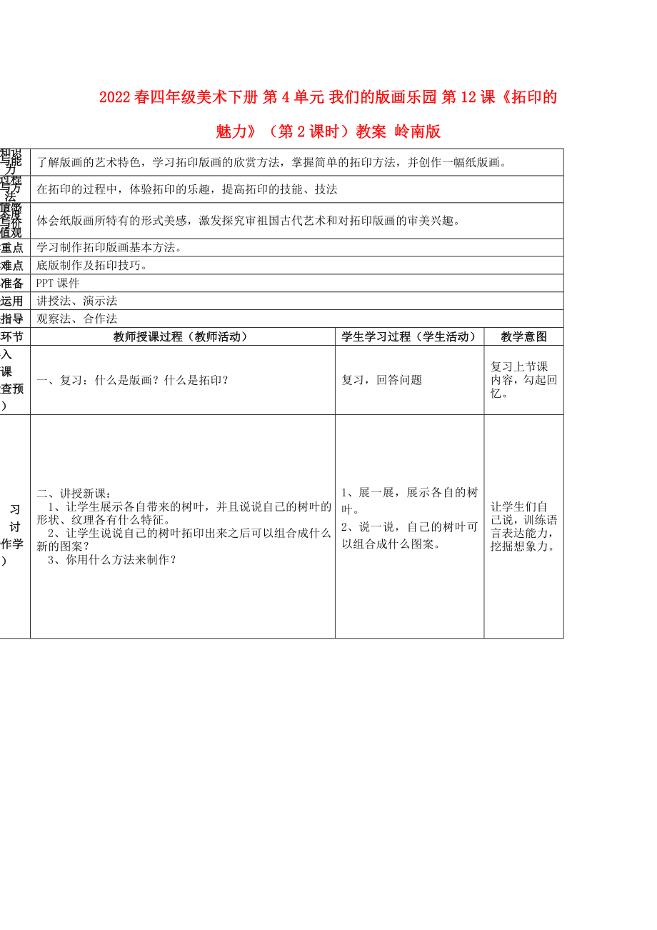 2022春四年級美術(shù)下冊 第4單元 我們的版畫樂園 第12課《拓印的魅力》（第2課時）教案 嶺南版_第1頁