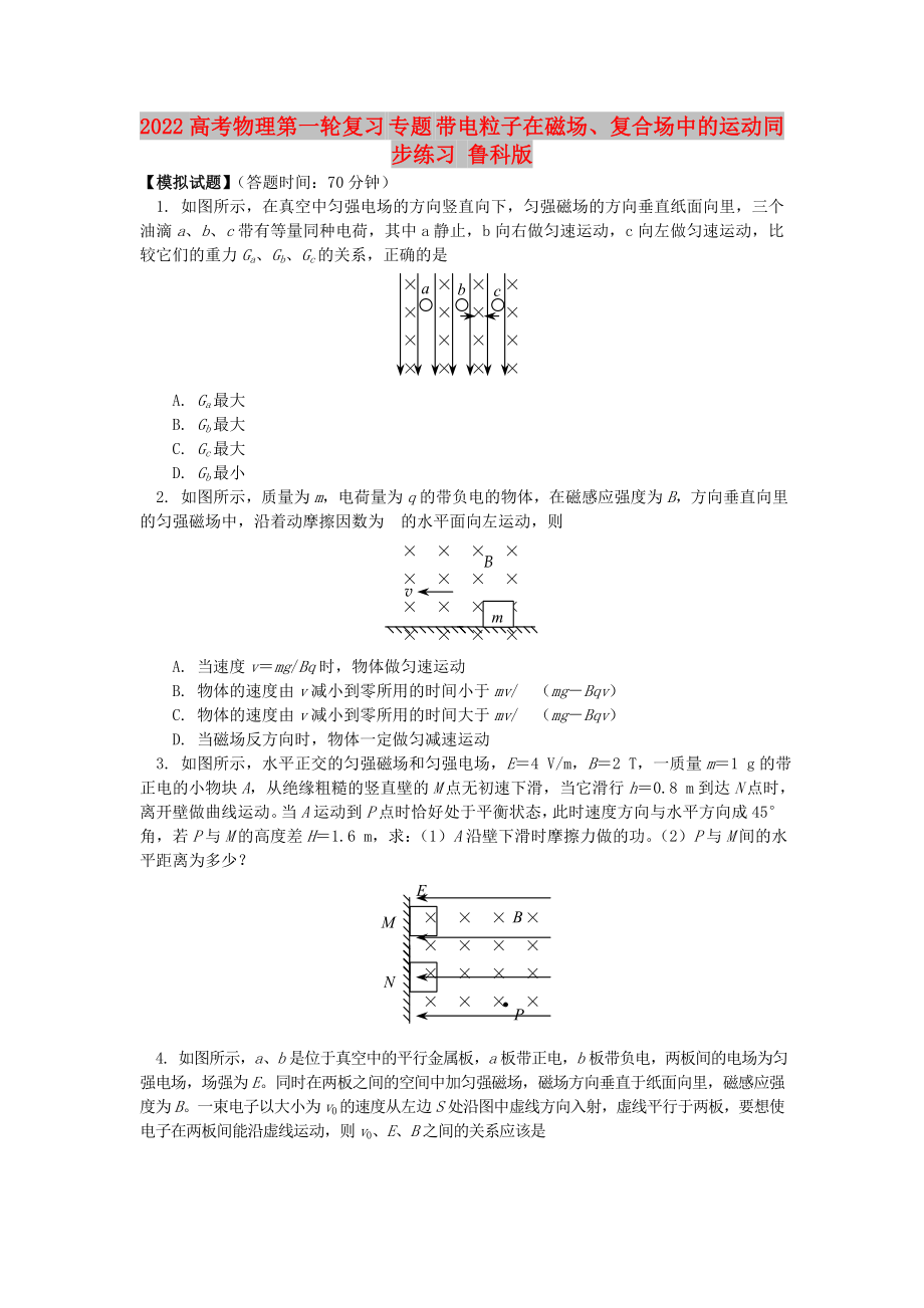 2022高考物理第一輪復(fù)習(xí) 專題 帶電粒子在磁場(chǎng)、復(fù)合場(chǎng)中的運(yùn)動(dòng)同步練習(xí) 魯科版_第1頁(yè)