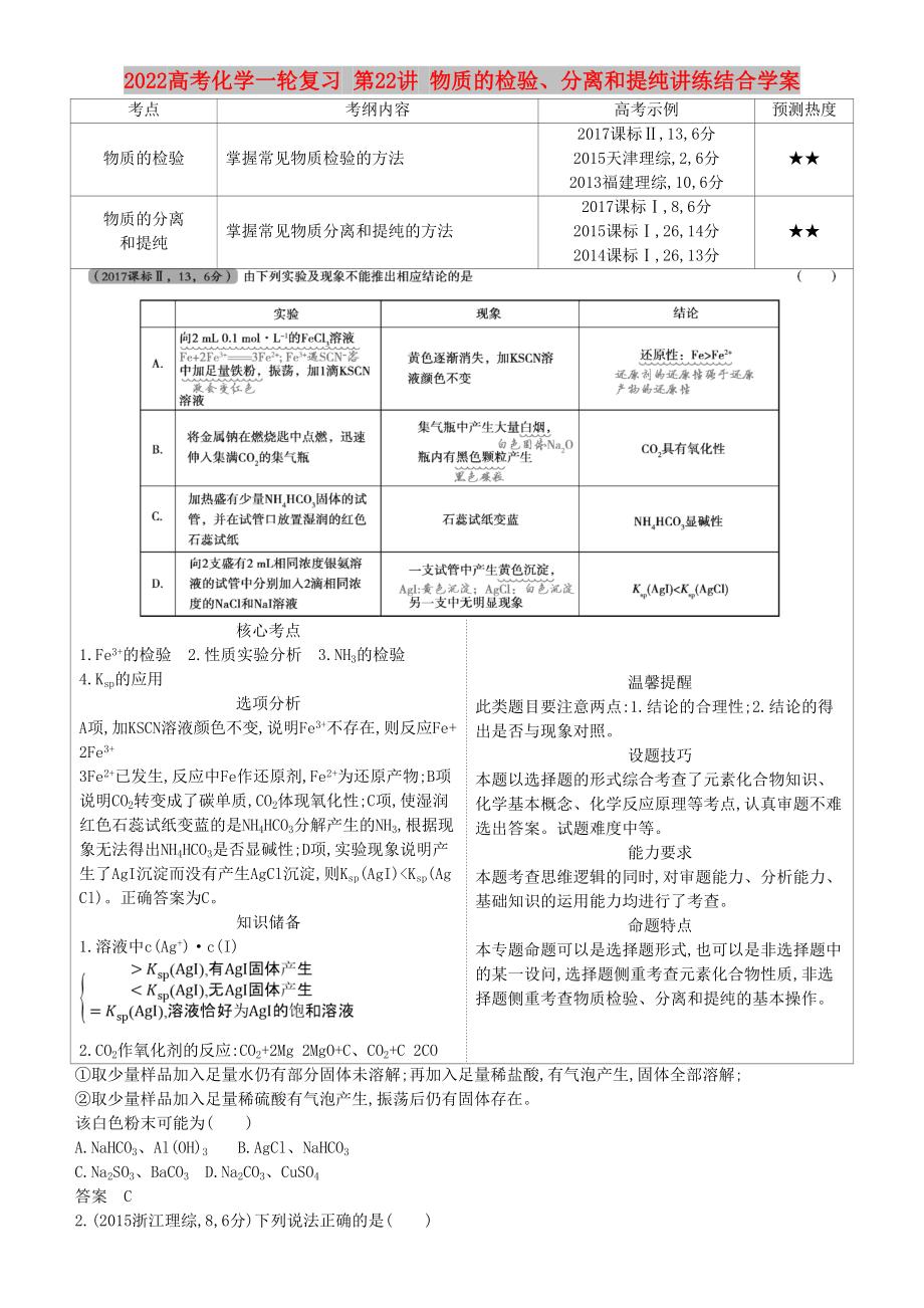 2022高考化学一轮复习 第22讲 物质的检验、分离和提纯讲练结合学案_第1页