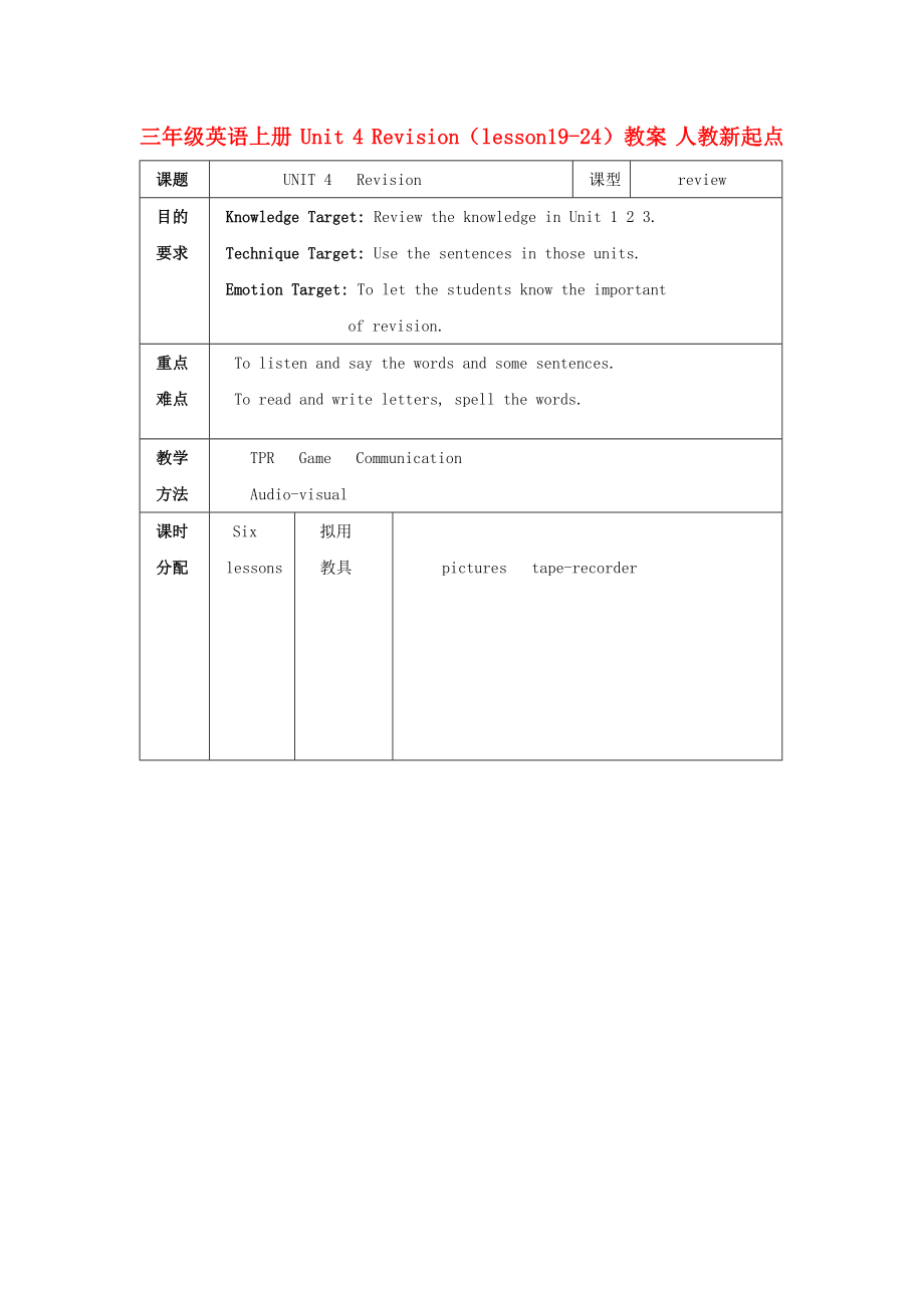 三年级英语上册 Unit 4 Revision（lesson19-24）教案 人教新起点_第1页
