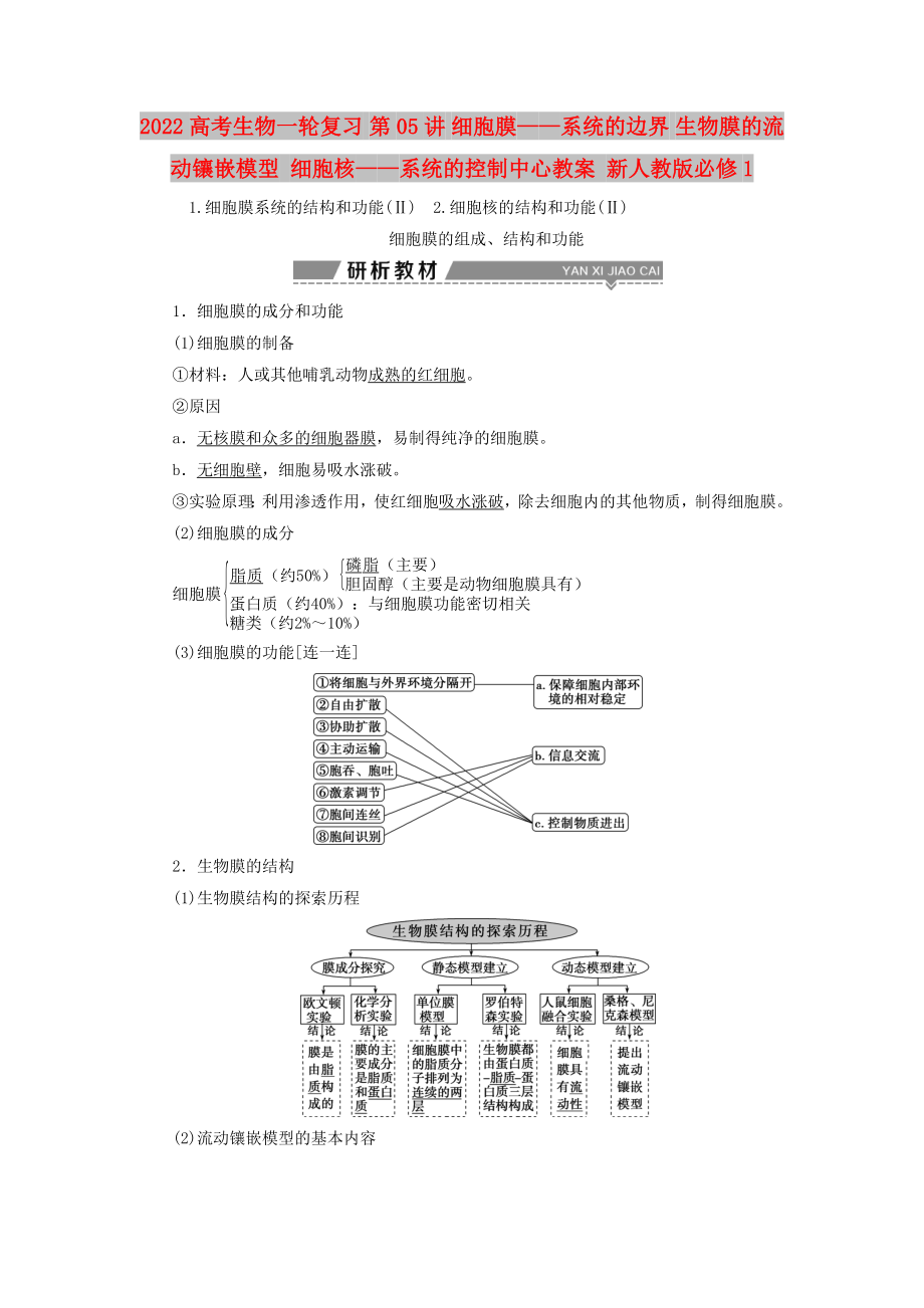 2022高考生物一輪復(fù)習(xí) 第05講 細(xì)胞膜——系統(tǒng)的邊界 生物膜的流動(dòng)鑲嵌模型 細(xì)胞核——系統(tǒng)的控制中心教案 新人教版必修1_第1頁(yè)