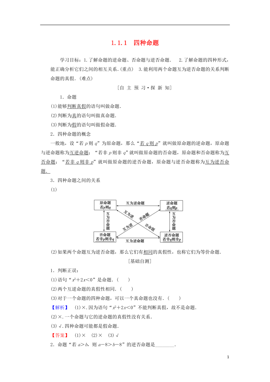 （江蘇專用）2018-2019學年高中數(shù)學 第一章 常用邏輯用語 1.1 命題及其關系 1.1.1 四種命題學案 蘇教版選修1-1_第1頁