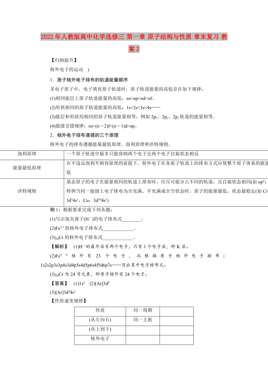 2022年人教版高中化學(xué)選修三 第一章 原子結(jié)構(gòu)與性質(zhì) 章末復(fù)習(xí) 教案2_第1頁