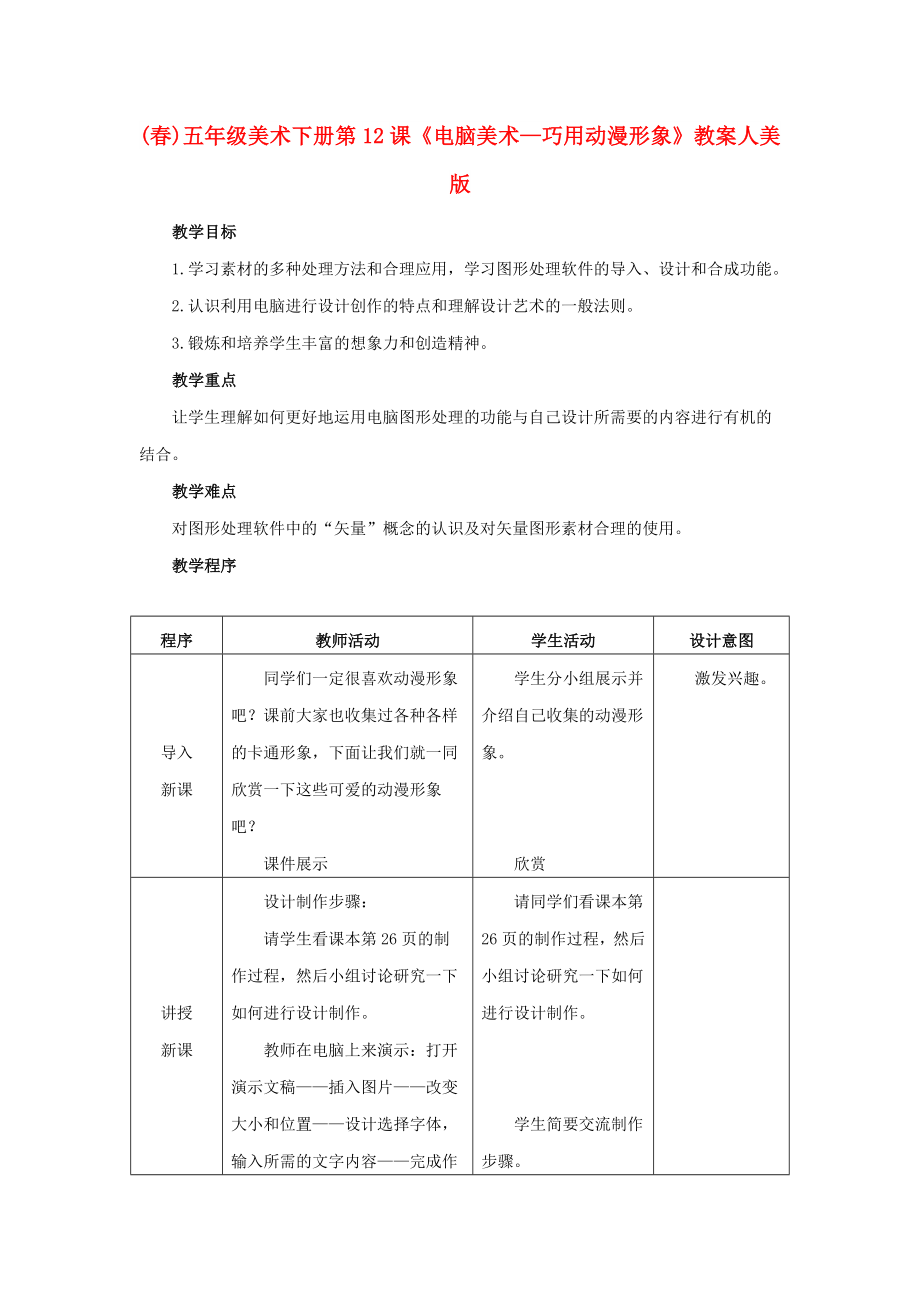 (春)五年級(jí)美術(shù)下冊(cè) 第12課《電腦美術(shù)—巧用動(dòng)漫形象》教案 人美版_第1頁(yè)