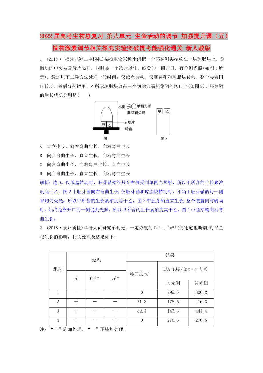 2022屆高考生物總復(fù)習(xí) 第八單元 生命活動(dòng)的調(diào)節(jié) 加強(qiáng)提升課（五）植物激素調(diào)節(jié)相關(guān)探究實(shí)驗(yàn)突破提考能強(qiáng)化通關(guān) 新人教版_第1頁(yè)