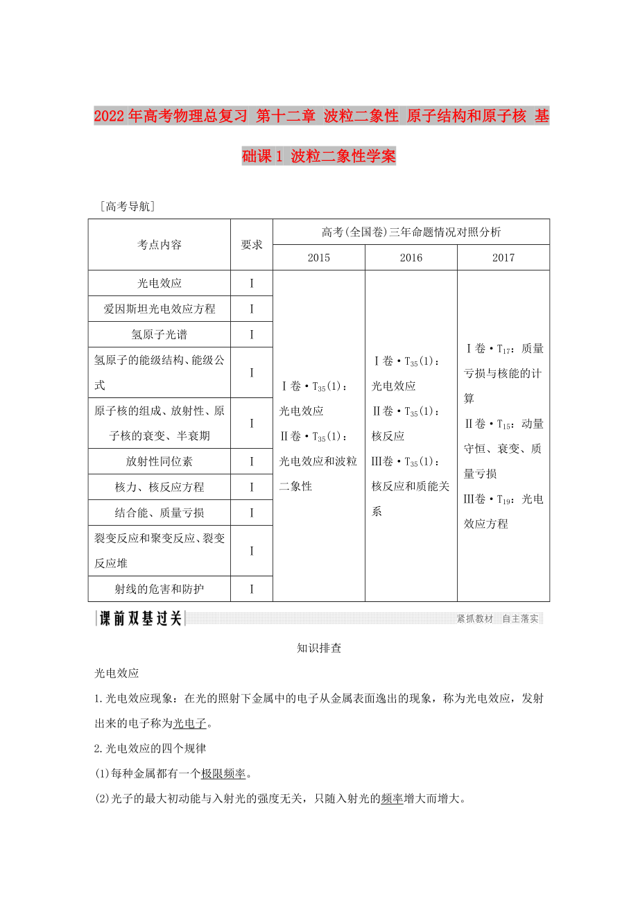 2022年高考物理總復(fù)習(xí) 第十二章 波粒二象性 原子結(jié)構(gòu)和原子核 基礎(chǔ)課1 波粒二象性學(xué)案_第1頁