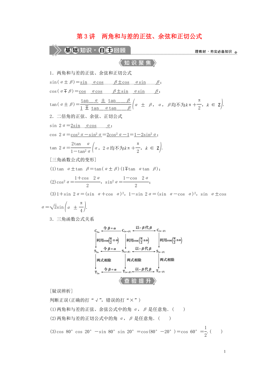 （浙江專用）2021版新高考數(shù)學(xué)一輪復(fù)習(xí) 第四章 三角函數(shù)、解三角形 3 第3講 兩角和與差的正弦、余弦和正切公式教學(xué)案_第1頁(yè)