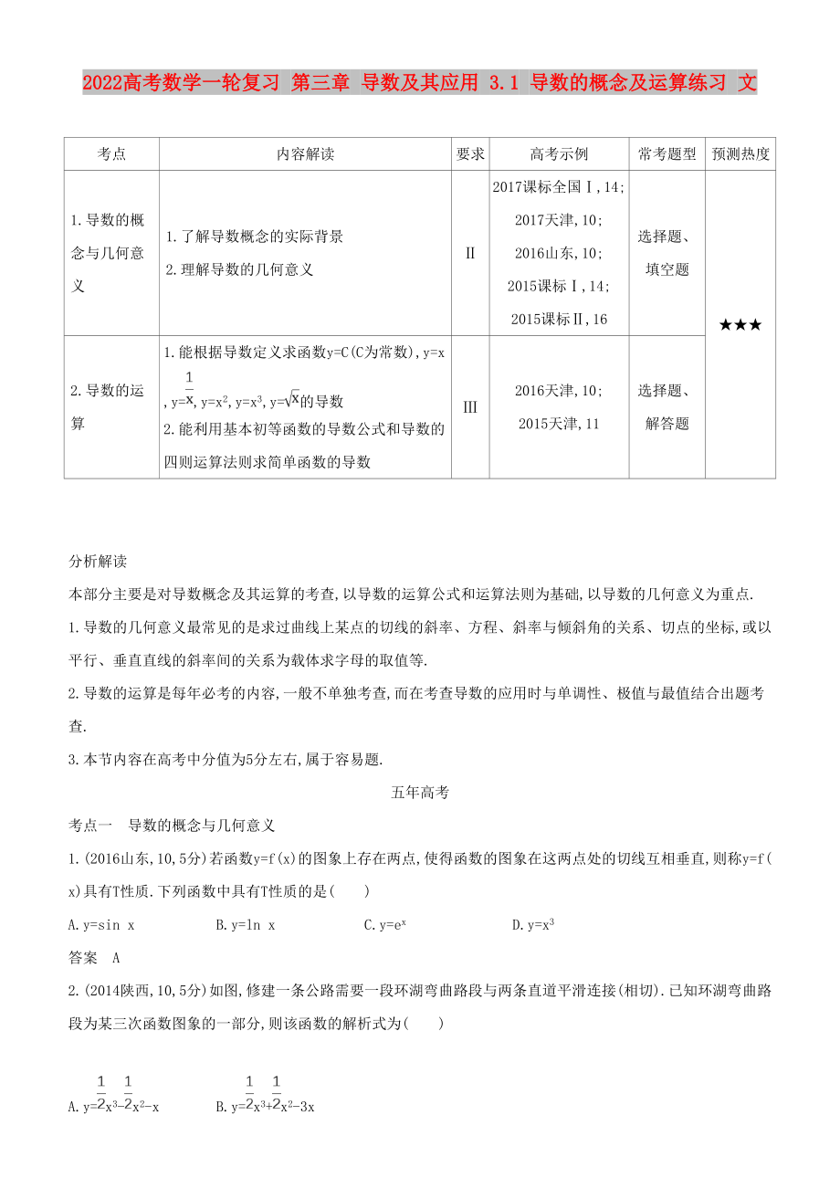 2022高考數(shù)學一輪復習 第三章 導數(shù)及其應用 3.1 導數(shù)的概念及運算練習 文_第1頁