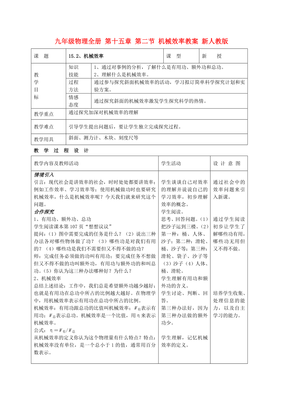 九年級(jí)物理全冊(cè) 第十五章 第二節(jié) 機(jī)械效率教案 新人教版_第1頁(yè)