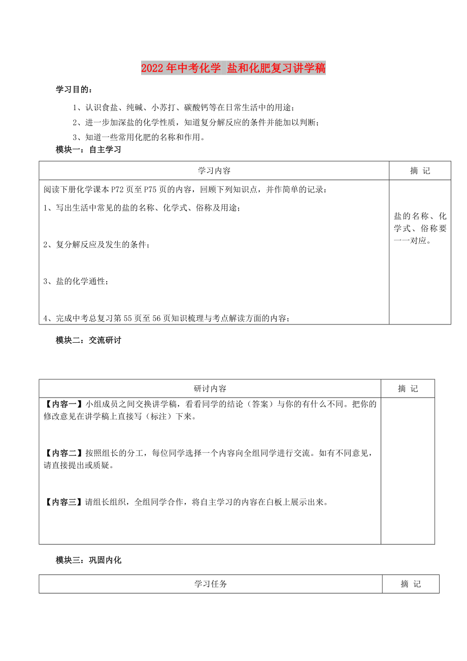 2022年中考化學(xué) 鹽和化肥復(fù)習(xí)講學(xué)稿_第1頁(yè)