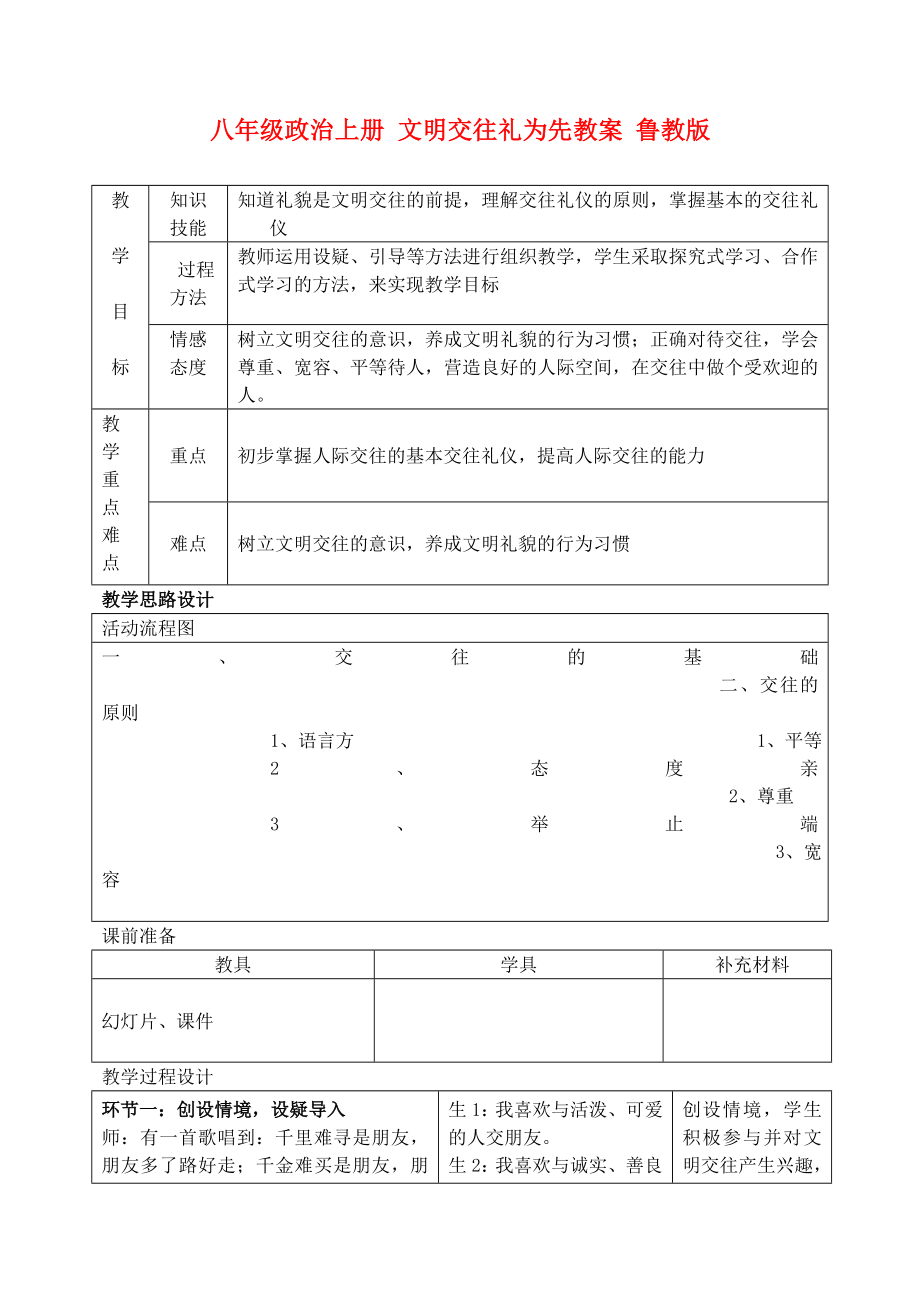 八年級政治上冊 文明交往禮為先教案 魯教版_第1頁