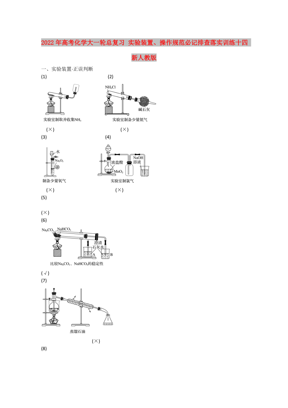 2022年高考化學(xué)大一輪總復(fù)習(xí) 實(shí)驗(yàn)裝置、操作規(guī)范必記排查落實(shí)訓(xùn)練十四 新人教版_第1頁