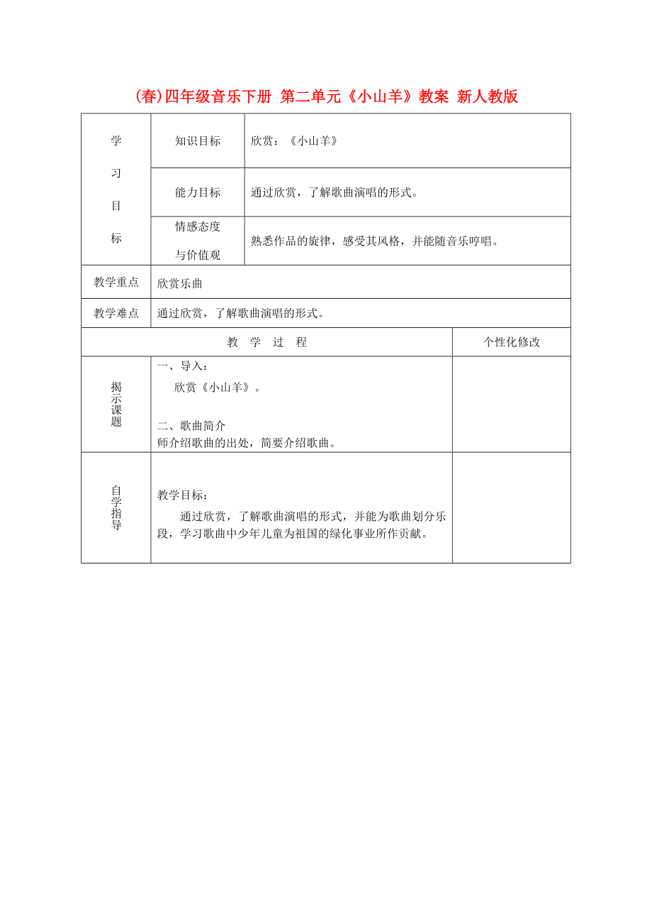 (春)四年级音乐下册 第二单元《小山羊》教案 新人教版_第1页