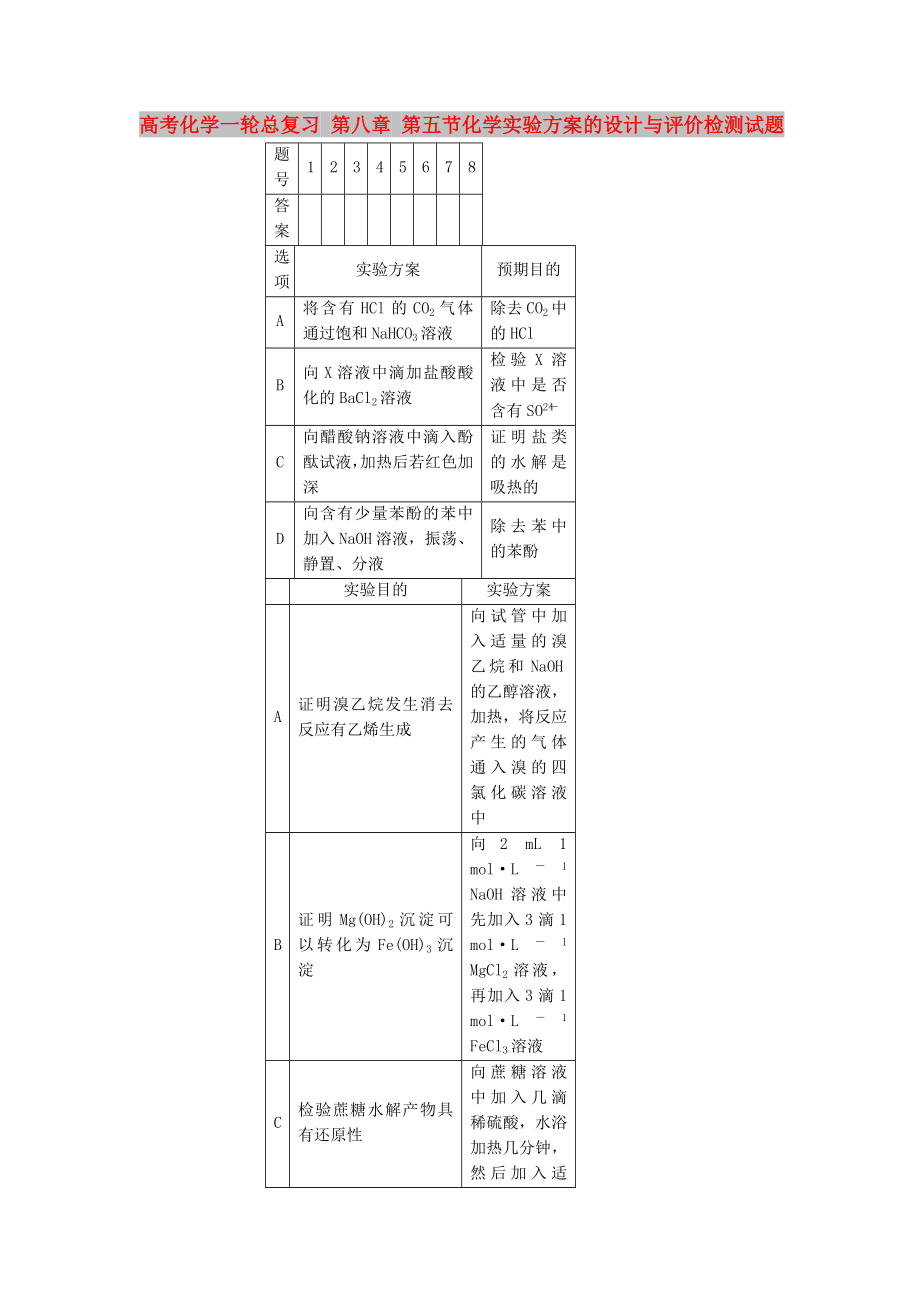 高考化学一轮总复习 第八章 第五节化学实验方案的设计与评价检测试题_第1页