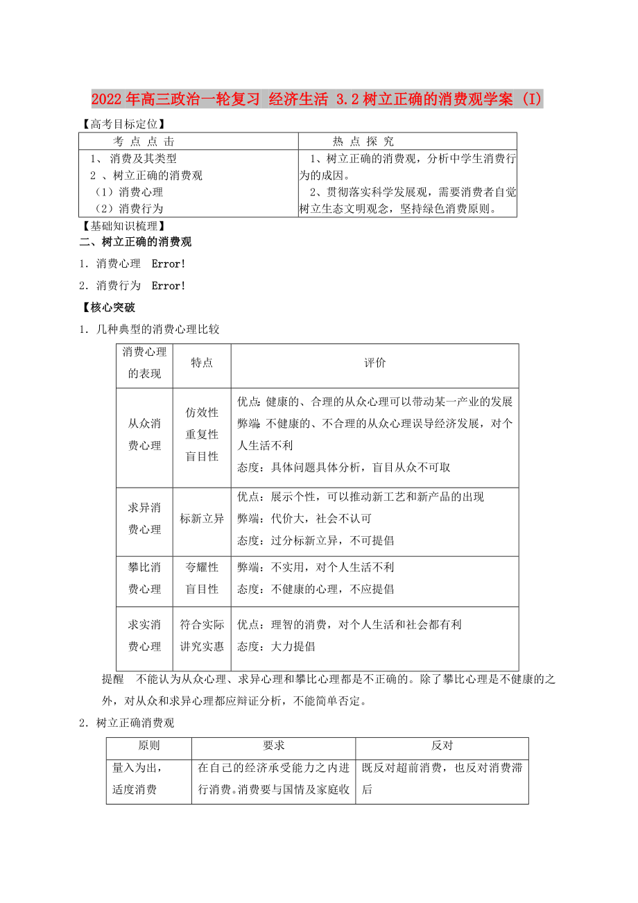 2022年高三政治一輪復(fù)習(xí) 經(jīng)濟(jì)生活 3.2樹立正確的消費(fèi)觀學(xué)案 (I)_第1頁