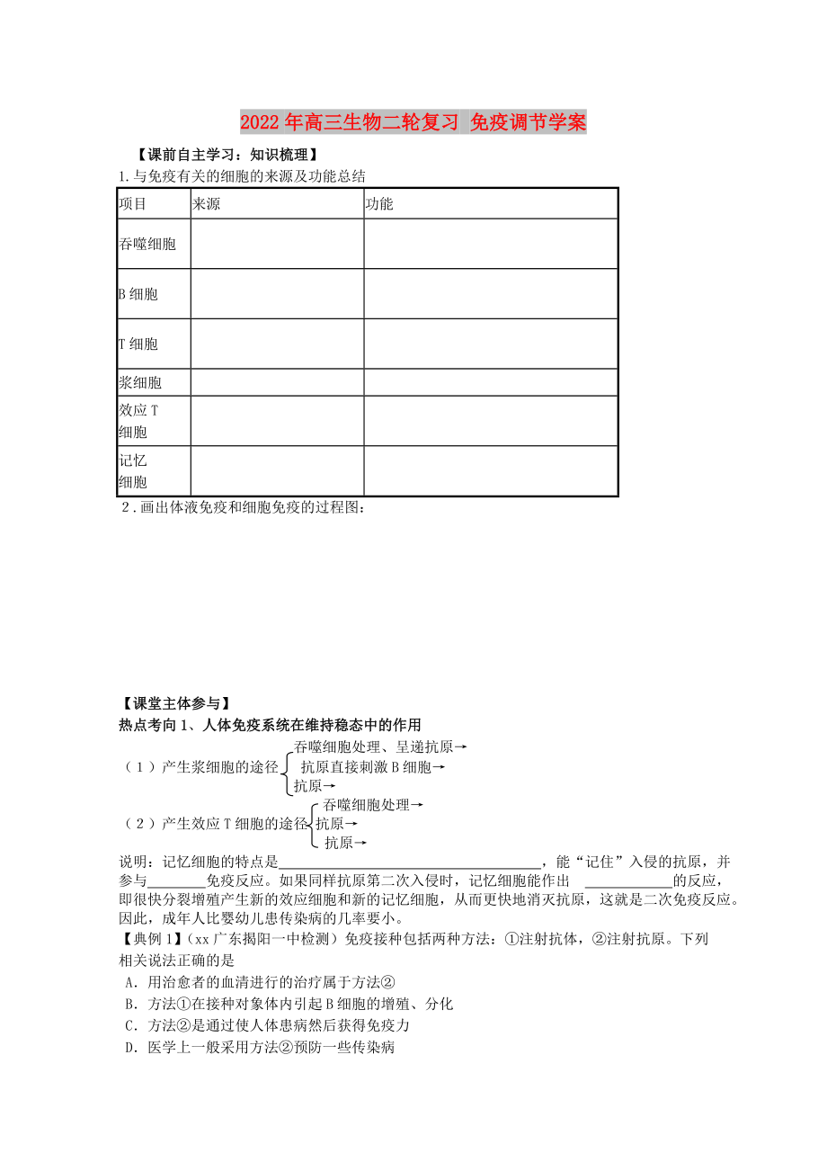 2022年高三生物二輪復(fù)習(xí) 免疫調(diào)節(jié)學(xué)案_第1頁