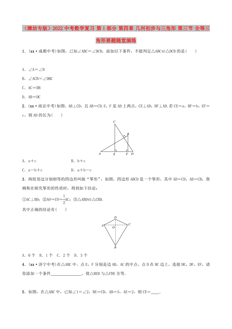 （濰坊專版）2022中考數(shù)學(xué)復(fù)習(xí) 第1部分 第四章 幾何初步與三角形 第三節(jié) 全等三角形要題隨堂演練_第1頁