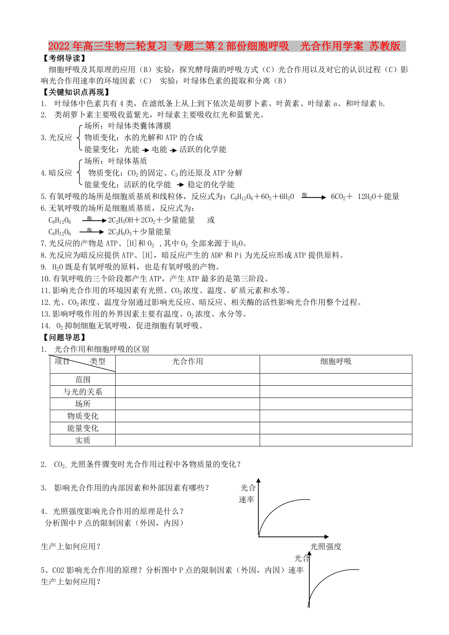 2022年高三生物二輪復(fù)習(xí) 專題二第2部份細(xì)胞呼吸光合作用學(xué)案 蘇教版_第1頁