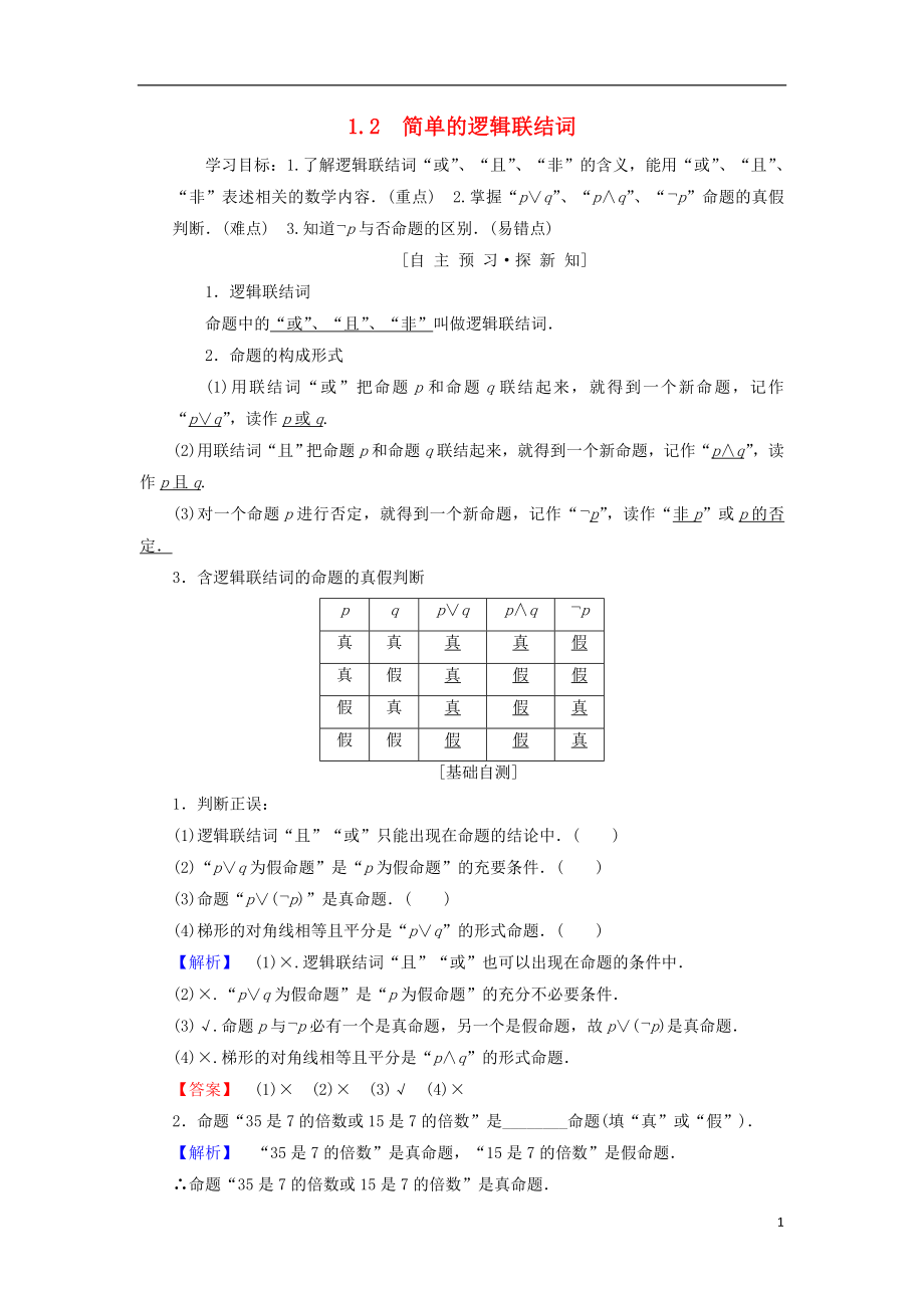 （江蘇專用）2018-2019學(xué)年高中數(shù)學(xué) 第一章 常用邏輯用語 1.2 簡單的邏輯聯(lián)結(jié)詞學(xué)案 蘇教版選修1-1_第1頁