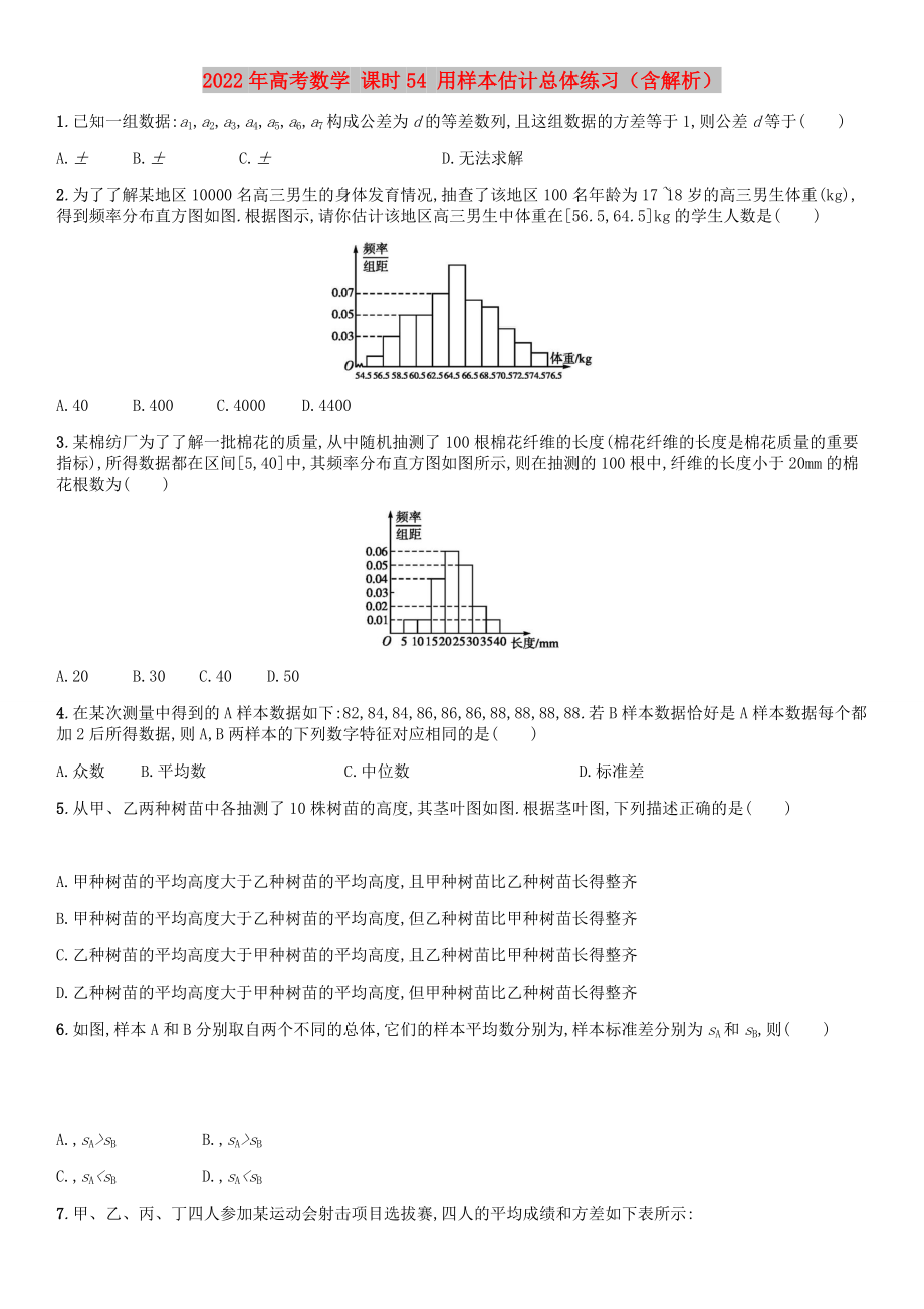 2022年高考數(shù)學 課時54 用樣本估計總體練習（含解析）_第1頁