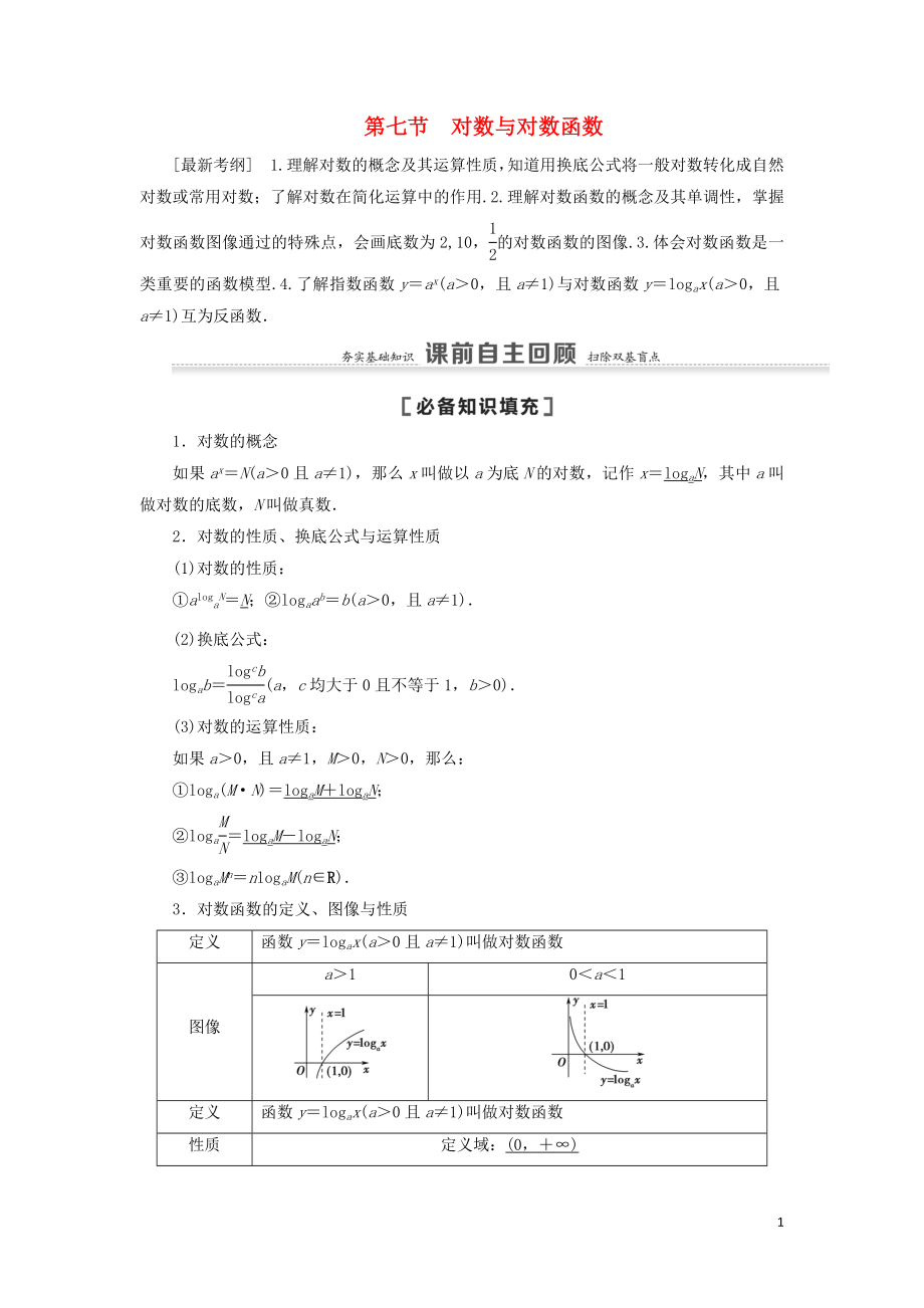 2021高考数学一轮复习 第2章 函数 第7节 对数与对数函数教学案 理 北师大版_第1页