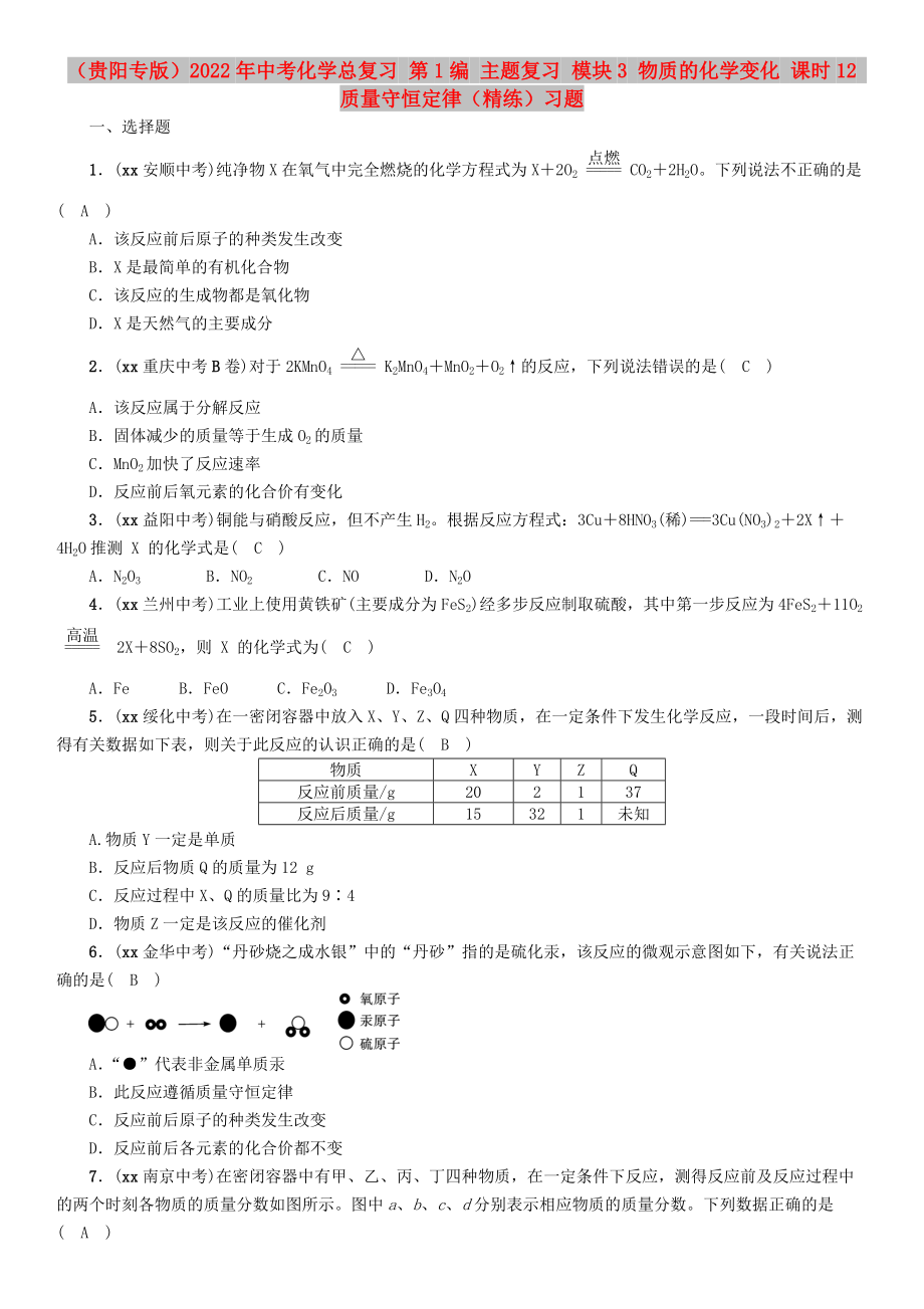 （貴陽專版）2022年中考化學(xué)總復(fù)習(xí) 第1編 主題復(fù)習(xí) 模塊3 物質(zhì)的化學(xué)變化 課時12 質(zhì)量守恒定律（精練）習(xí)題_第1頁