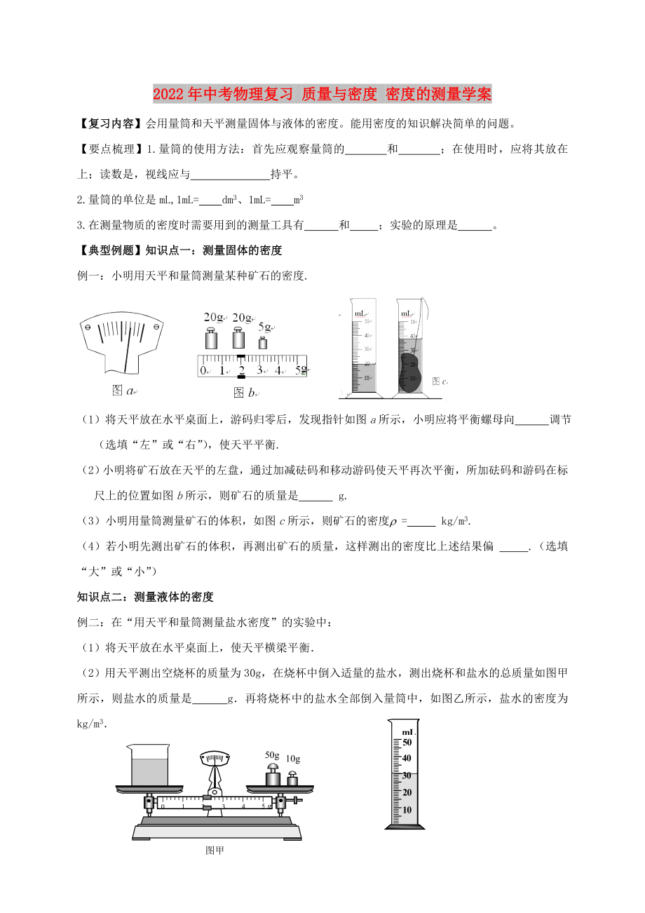 2022年中考物理復(fù)習(xí) 質(zhì)量與密度 密度的測量學(xué)案_第1頁