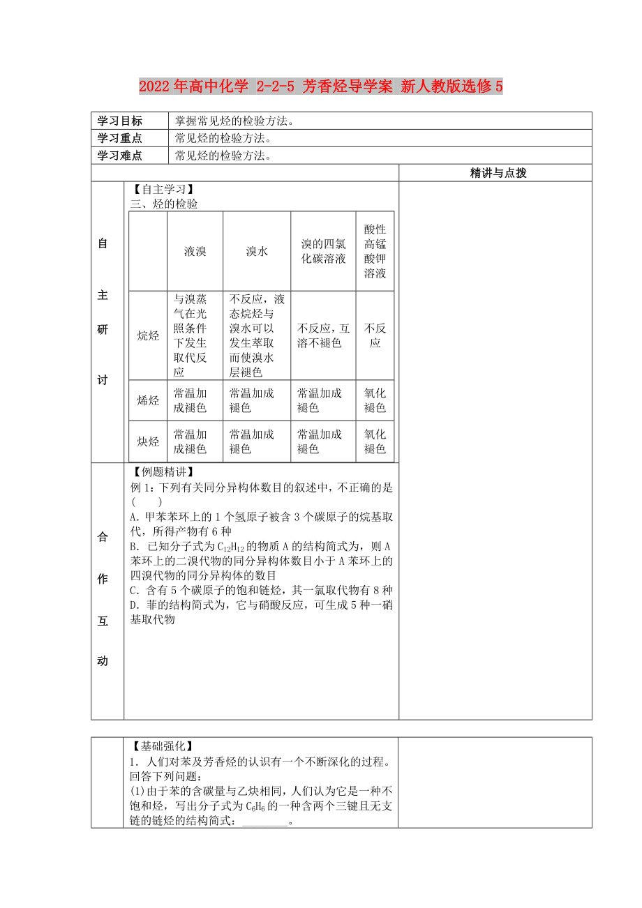 2022年高中化學(xué) 2-2-5 芳香烴導(dǎo)學(xué)案 新人教版選修5_第1頁