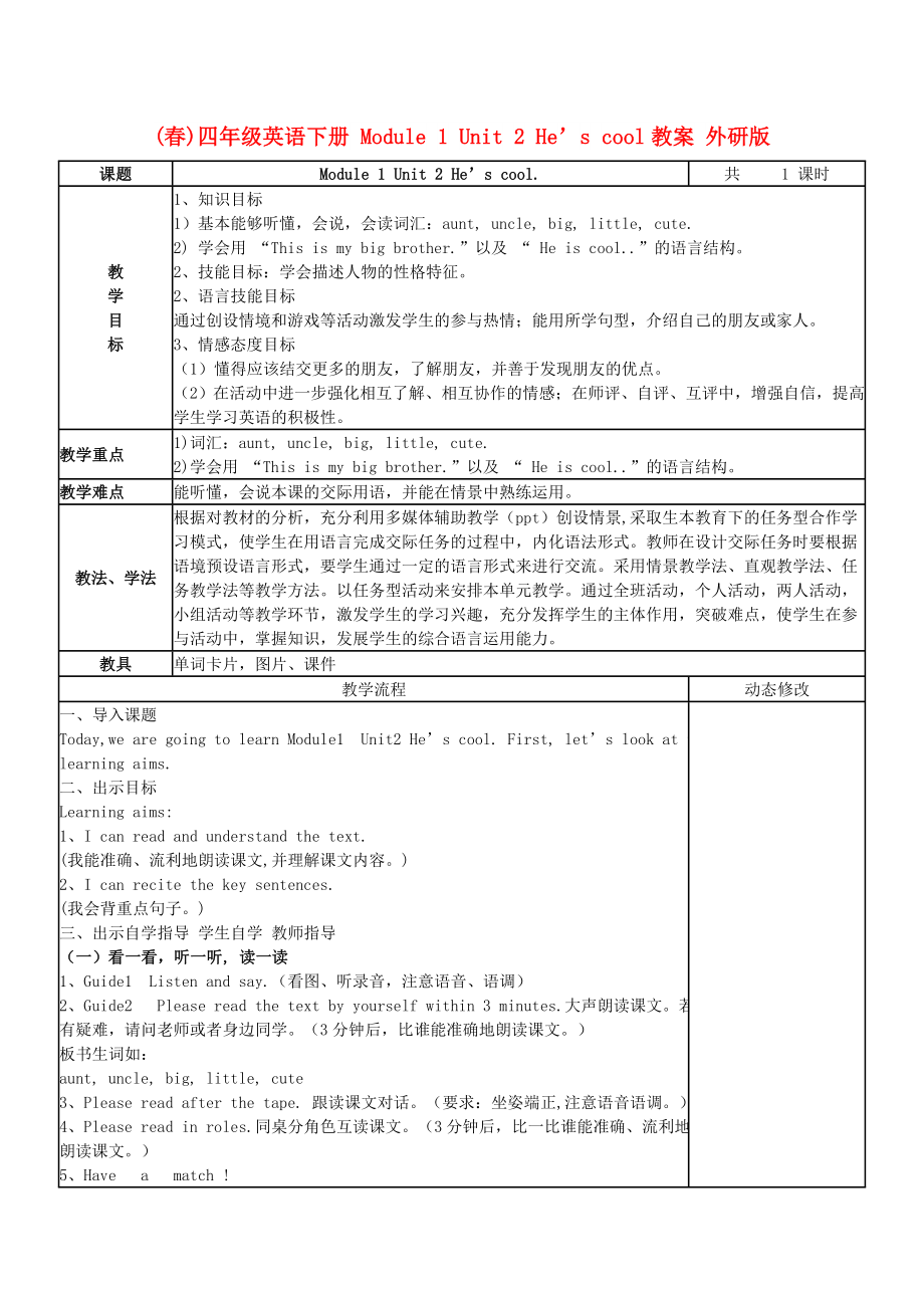 (春)四年级英语下册 Module 1 Unit 2 He’s cool教案 外研版_第1页