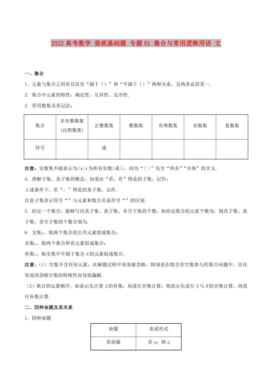 2022高考數(shù)學 狠抓基礎題 專題01 集合與常用邏輯用語 文_第1頁