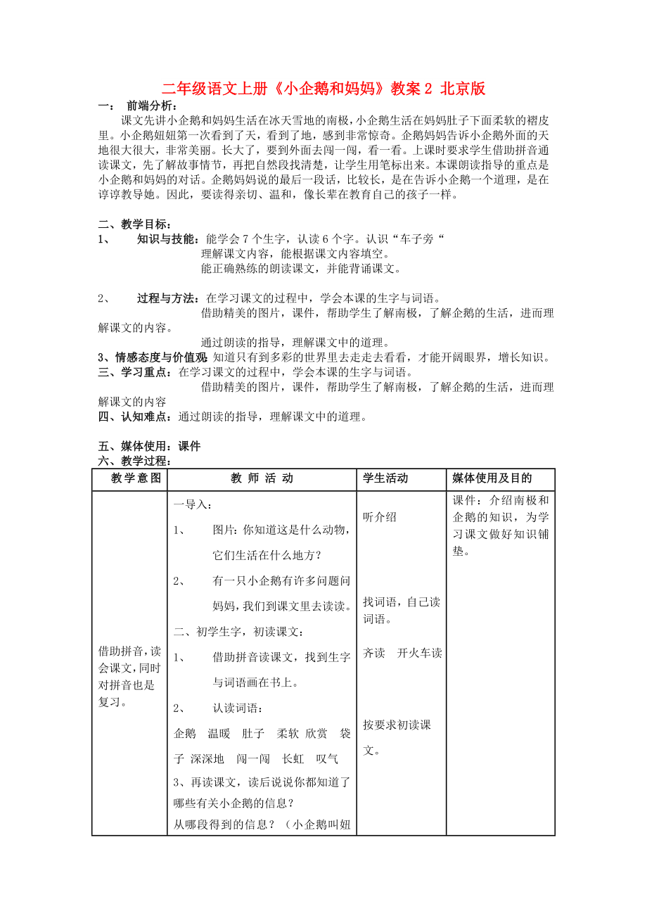 二年級(jí)語(yǔ)文上冊(cè)《小企鵝和媽媽》教案2 北京版_第1頁(yè)