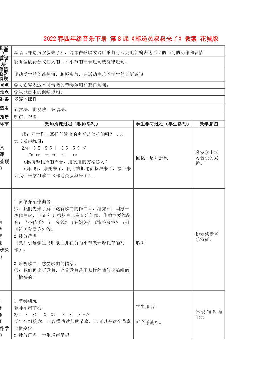 2022春四年級(jí)音樂(lè)下冊(cè) 第8課《郵遞員叔叔來(lái)了》教案 花城版_第1頁(yè)