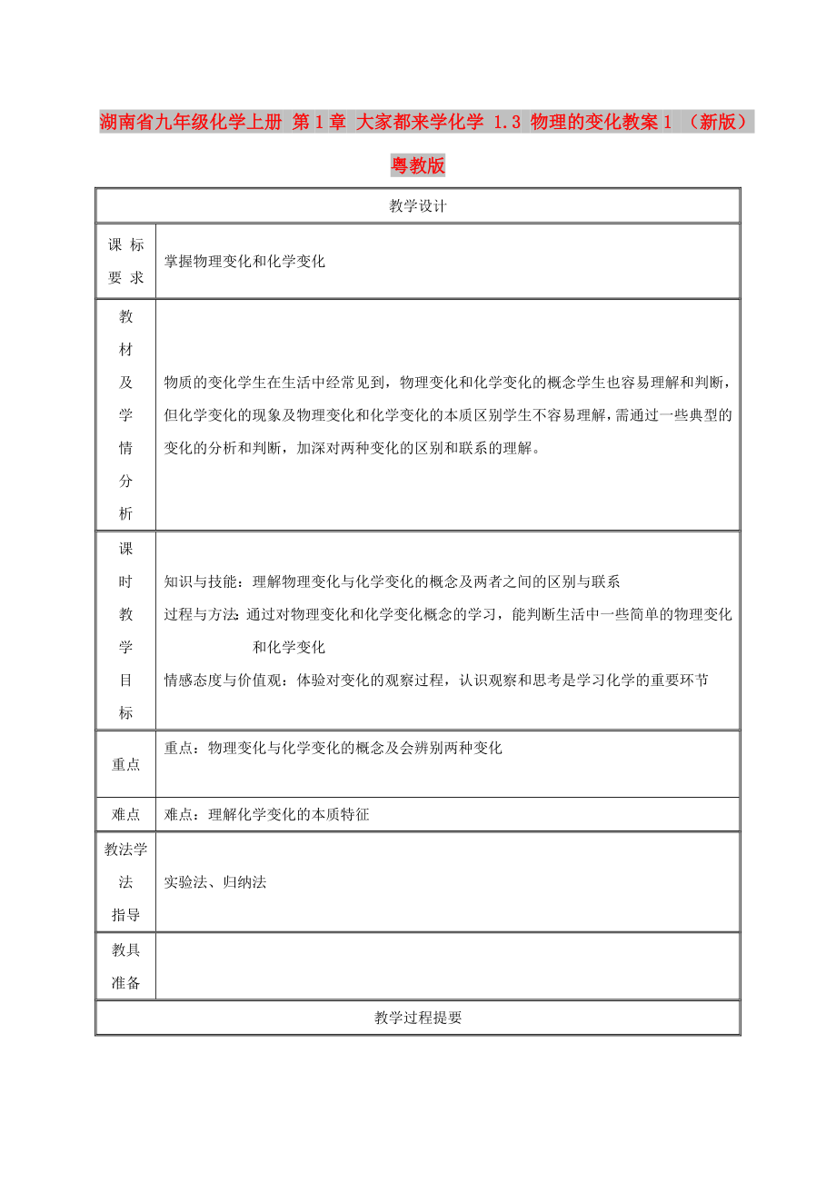 湖南省九年級(jí)化學(xué)上冊(cè) 第1章 大家都來(lái)學(xué)化學(xué) 1.3 物理的變化教案1 （新版）粵教版_第1頁(yè)