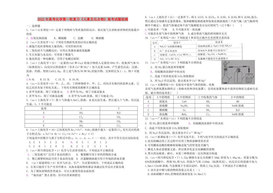 2022年高考化学第一轮复习《元素及化合物》高考试题检测_第1页