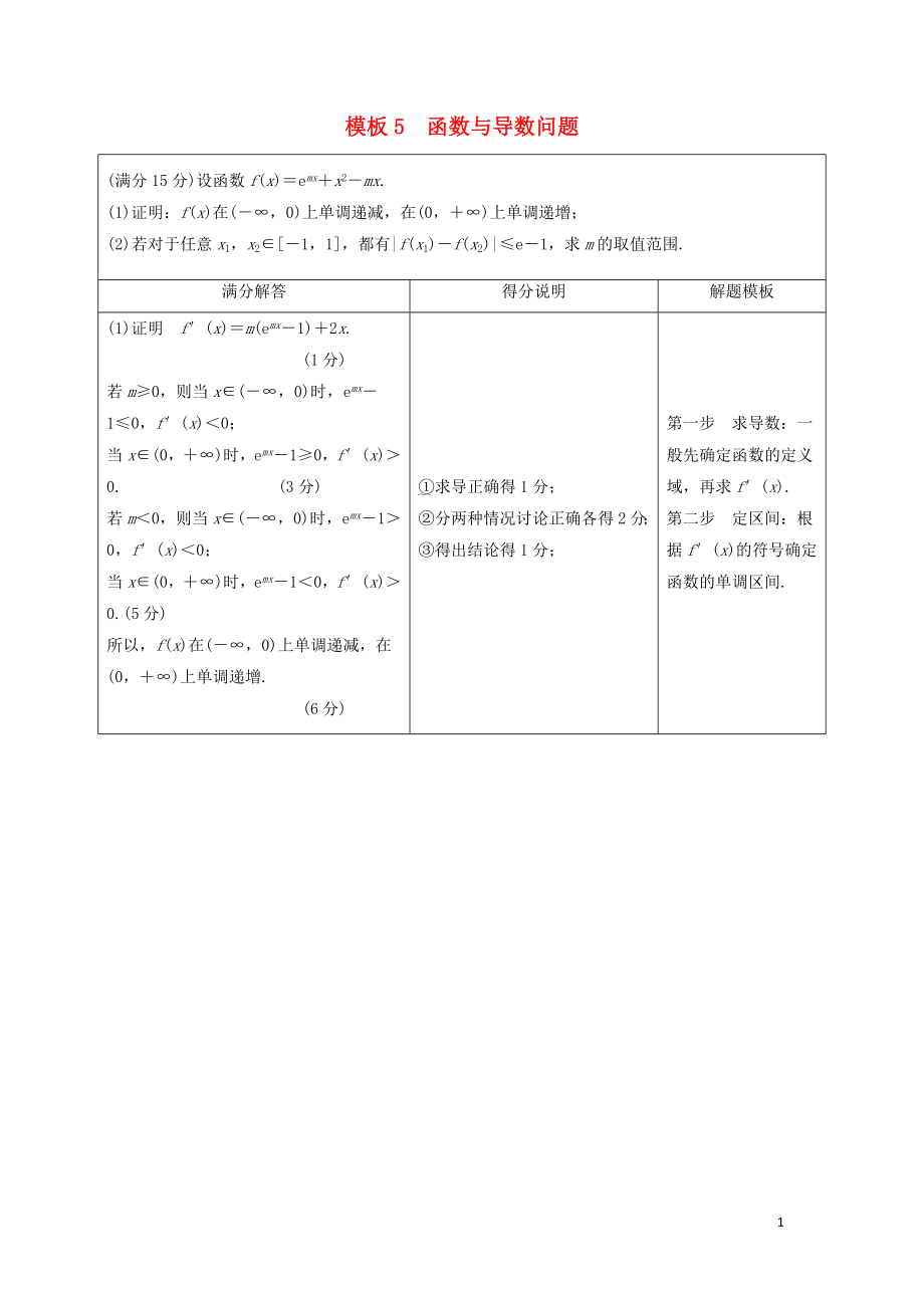 （浙江專用）2019高考數(shù)學二輪復習 指導二 透視高考解題模板示范規(guī)范拿高分 模板5 函數(shù)與導數(shù)問題學案_第1頁