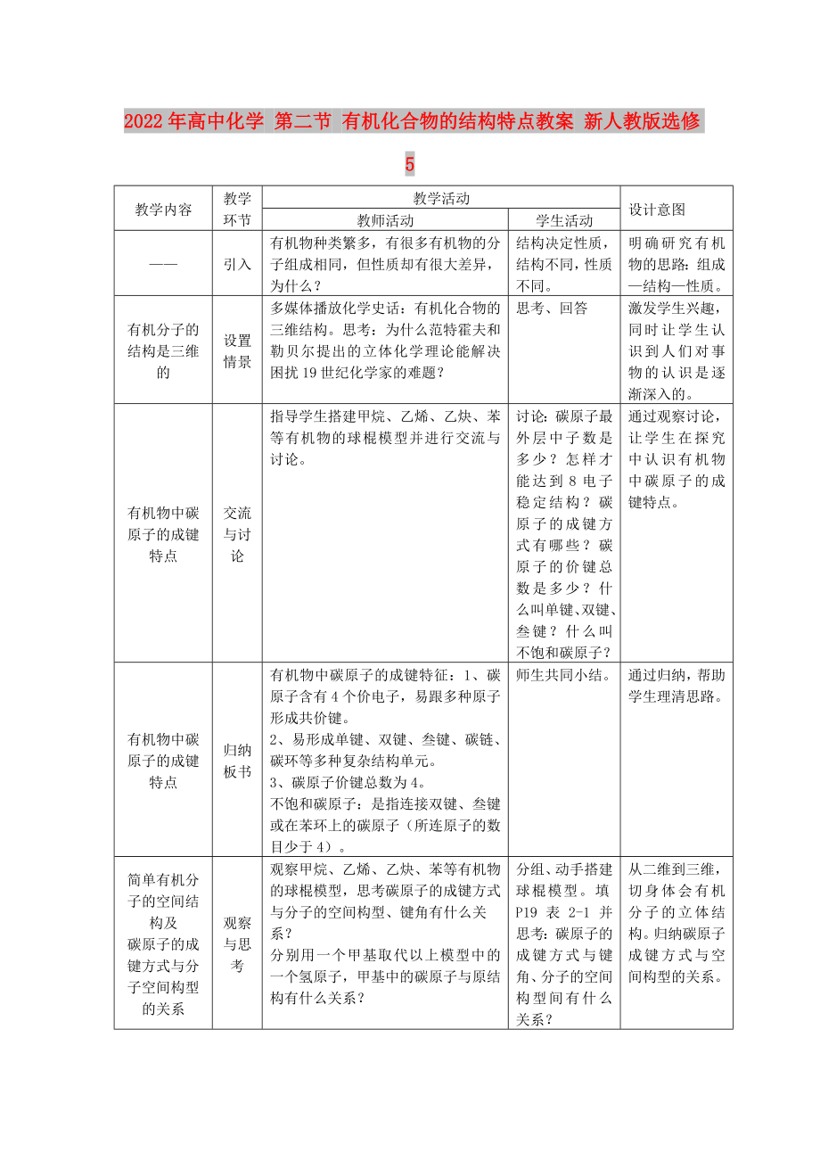 2022年高中化學 第二節(jié) 有機化合物的結(jié)構(gòu)特點教案 新人教版選修5_第1頁