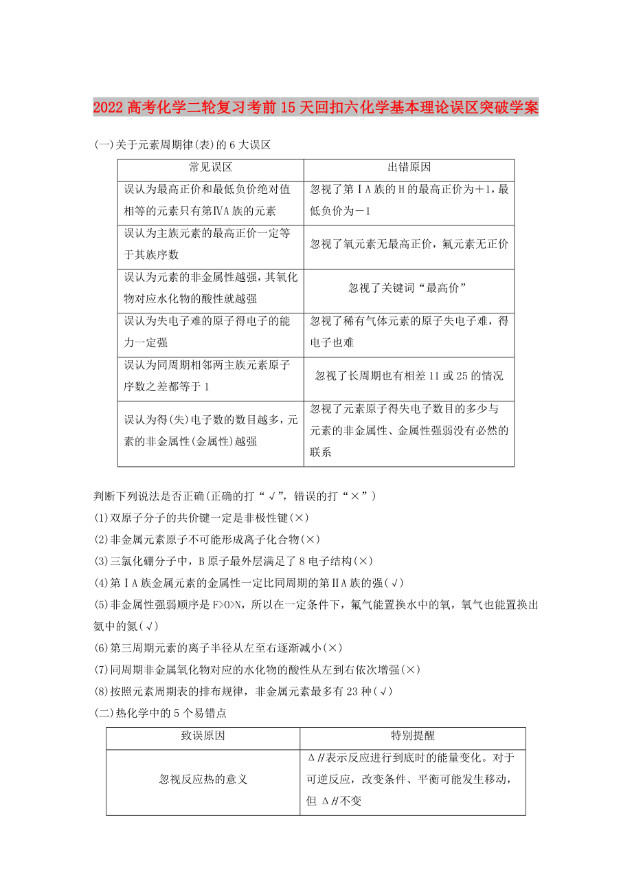 2022高考化學二輪復習 考前15天回扣六 化學基本理論誤區(qū)突破學案_第1頁