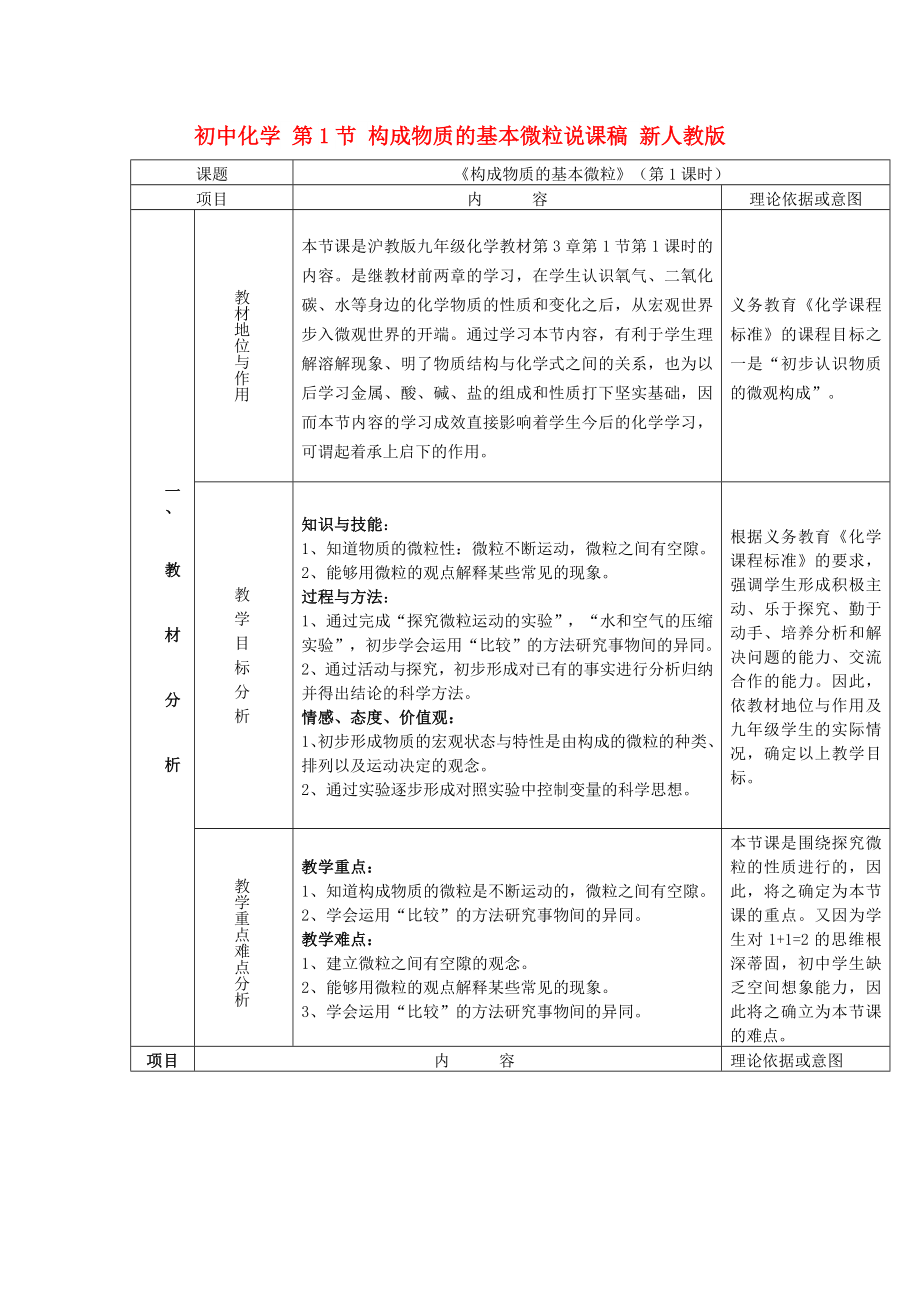 初中化学 第1节 构成物质的基本微粒说课稿 新人教版_第1页