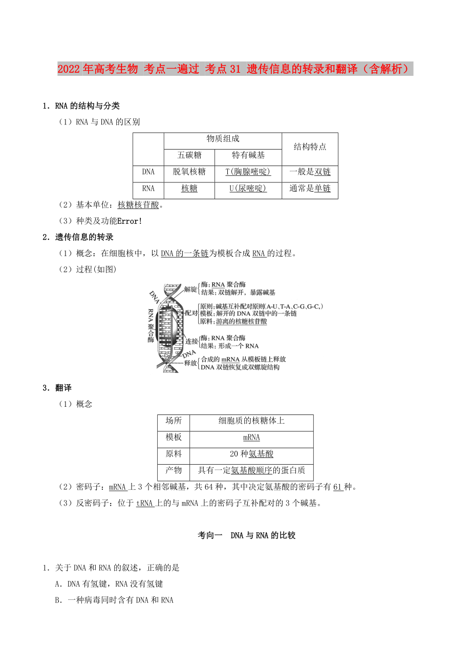 2022年高考生物 考點一遍過 考點31 遺傳信息的轉(zhuǎn)錄和翻譯（含解析）_第1頁