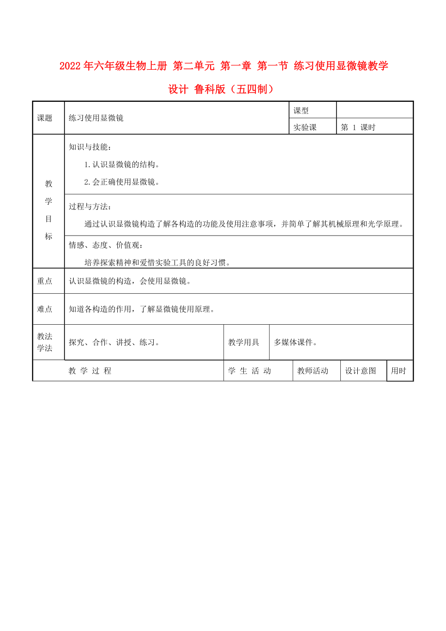 2022年六年級生物上冊 第二單元 第一章 第一節(jié) 練習使用顯微鏡教學設計 魯科版（五四制）_第1頁