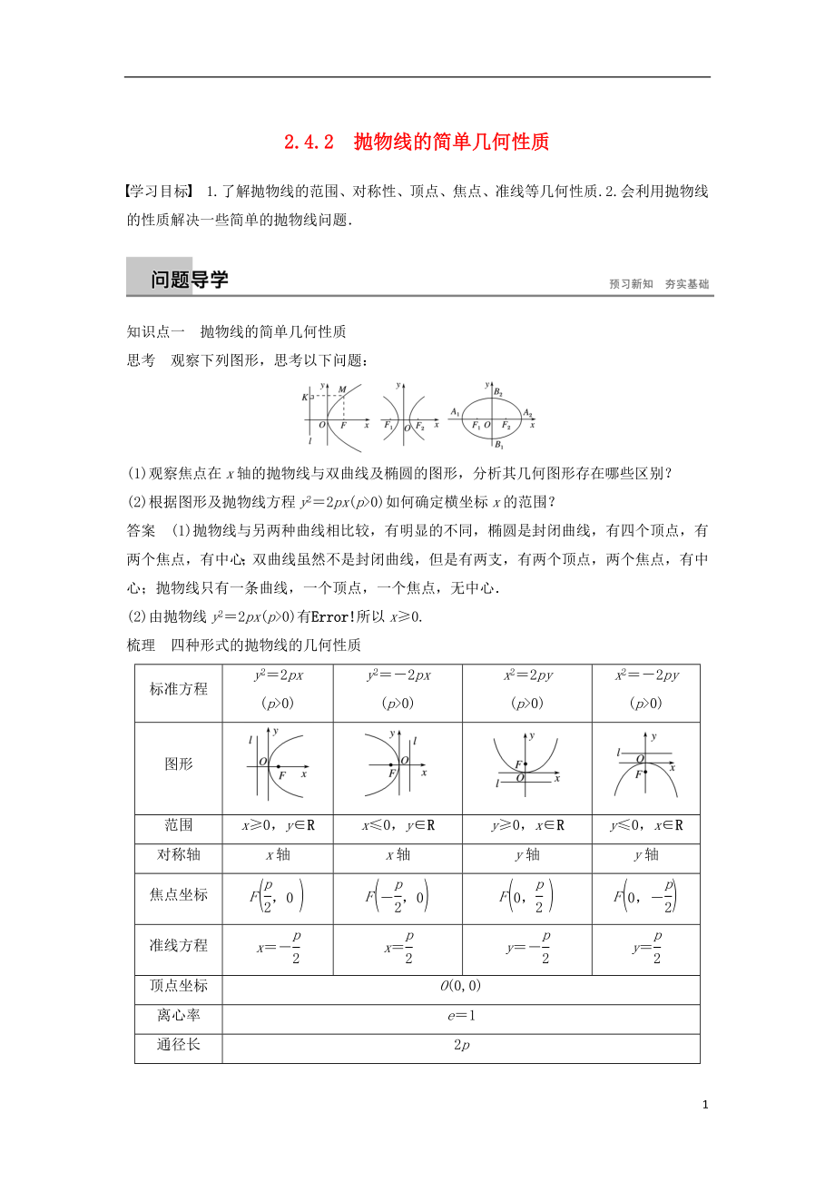 （浙江專版）2018-2019高中數(shù)學(xué) 第二章 圓錐曲線與方程 2.4.2 拋物線的簡(jiǎn)單幾何性質(zhì)學(xué)案 新人教A版選修2-1_第1頁