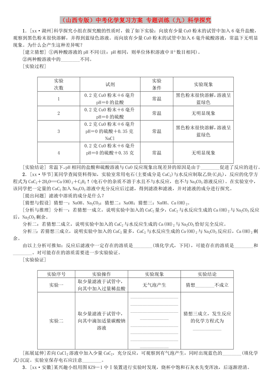 （山西專版）中考化學復習方案 專題訓練（九）科學探究_第1頁