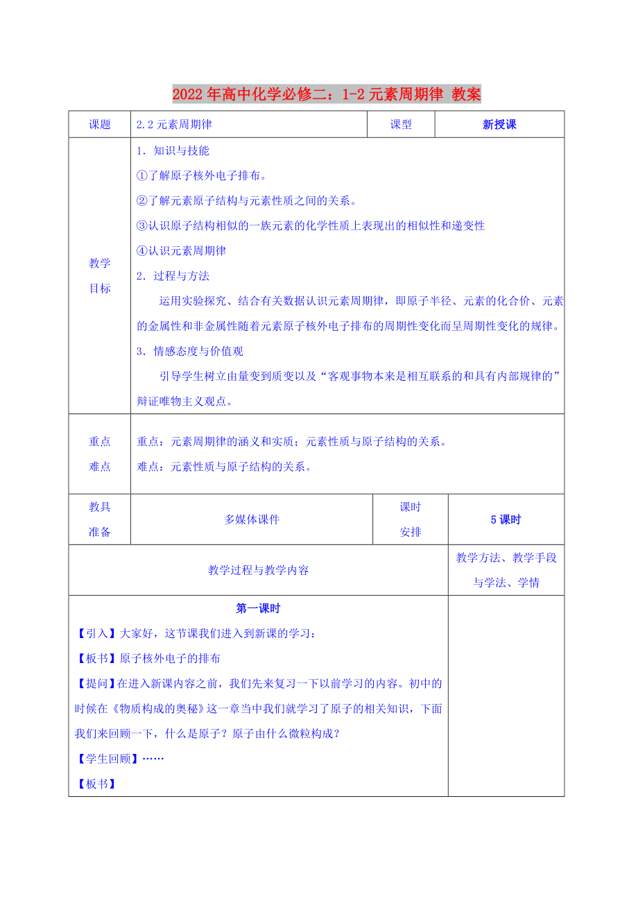 2022年高中化学必修二：1-2元素周期律 教案_第1页